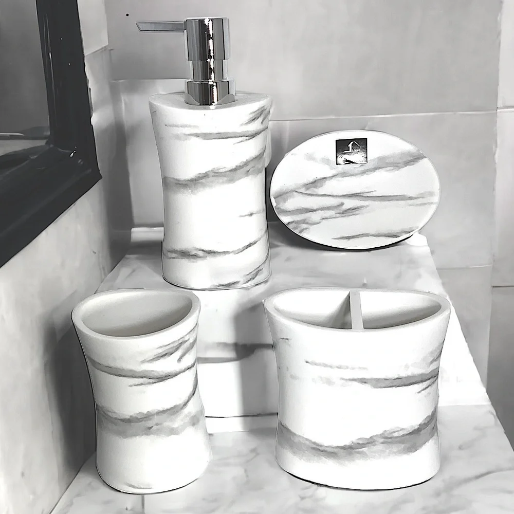 Todays Living Marble Elite Bath Accessory Set Lux White Grey Resin 4 Piece Set